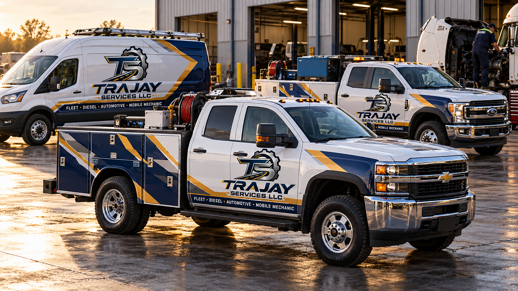 Trajay Services branded mobile fleet repair trucks